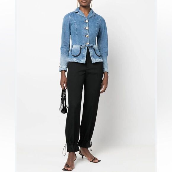 Revolve Cormio Cynthia Collared Button Down Bow Detail Denim Jean Jacket Size L - Picture 2 of 12